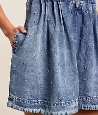 Rhinestone Front Tie Denim Romper