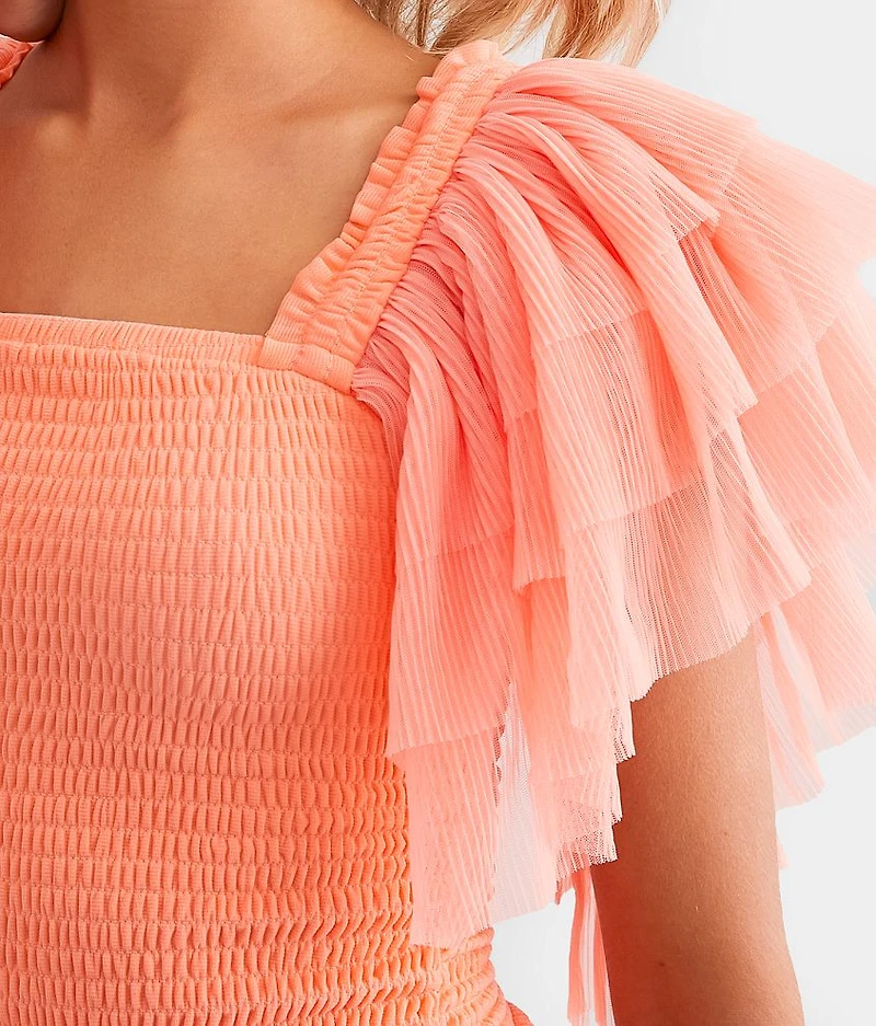 Exaggerated Mesh Ruffle Sleeve Top