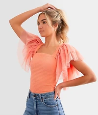 Exaggerated Mesh Ruffle Sleeve Top