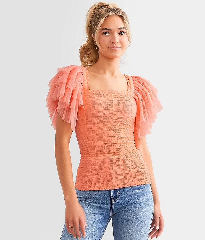 Exaggerated Mesh Ruffle Sleeve Top