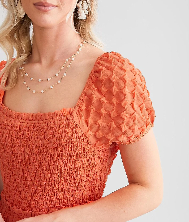 Smocked Lace-Up Mini Dress