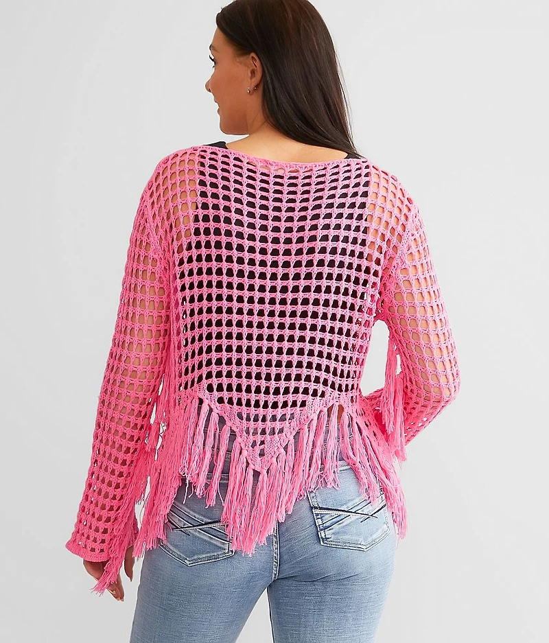 Neon Open Stitch Fringe Sweater