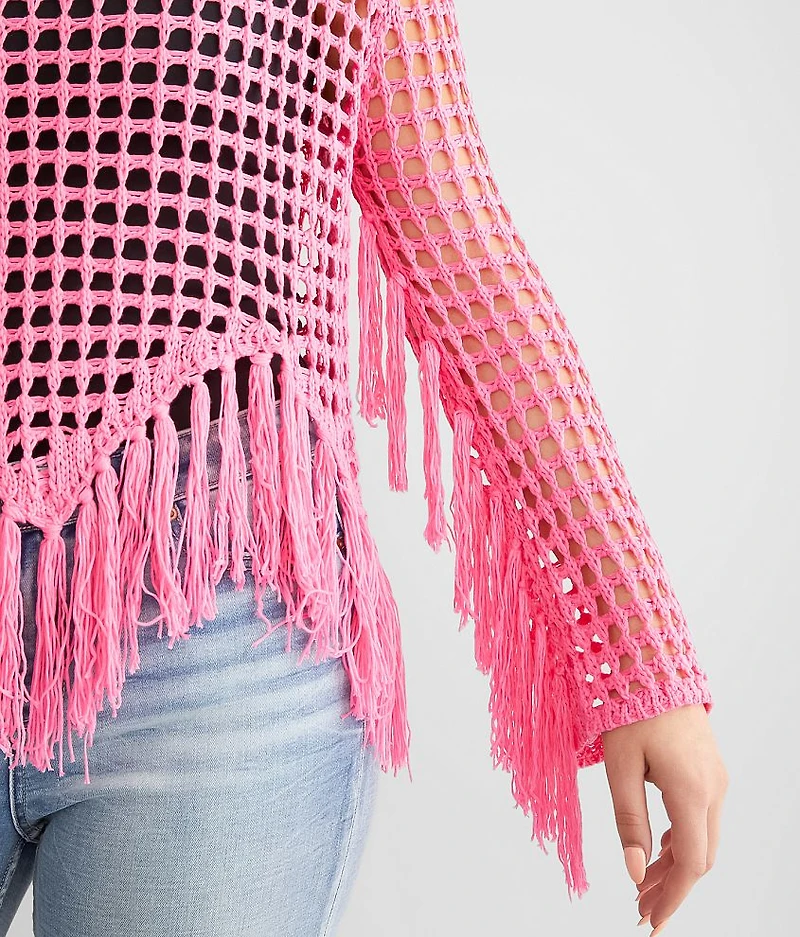 Neon Open Stitch Fringe Sweater