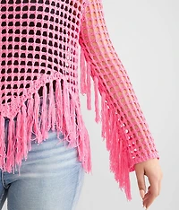 Neon Open Stitch Fringe Sweater