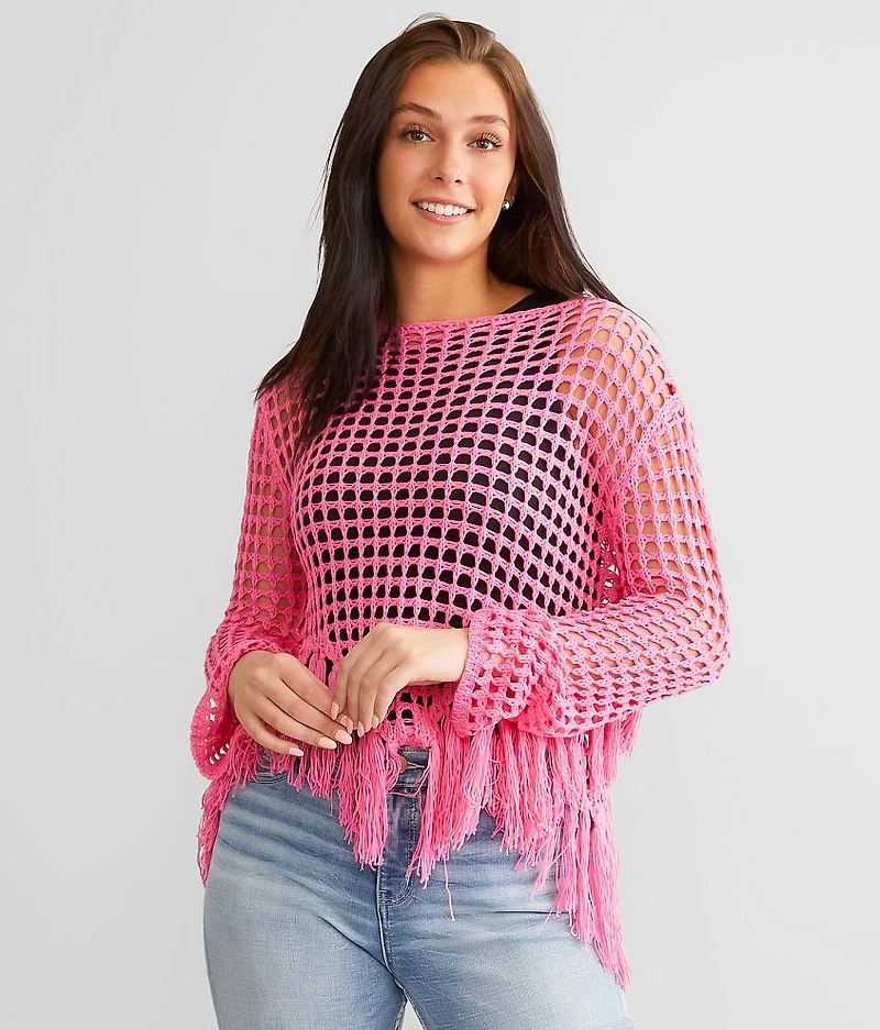 Neon Open Stitch Fringe Sweater