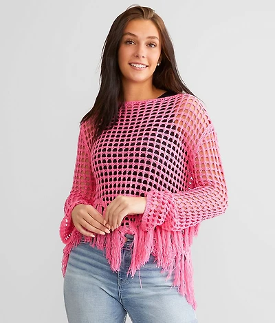 Neon Open Stitch Fringe Sweater