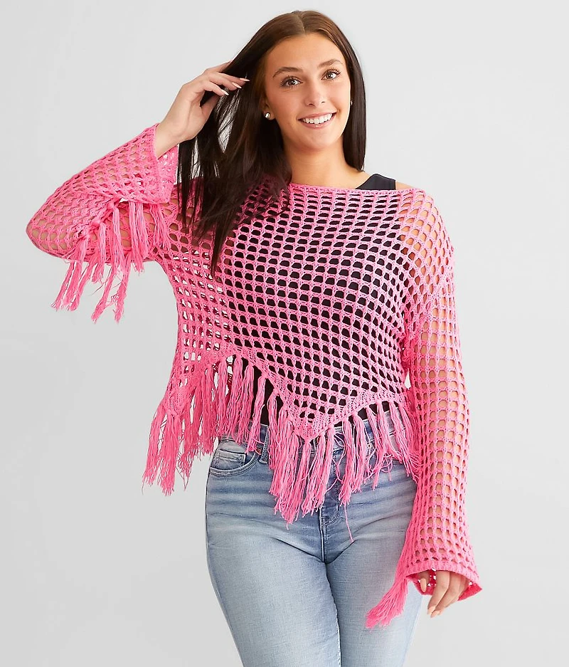 Neon Open Stitch Fringe Sweater