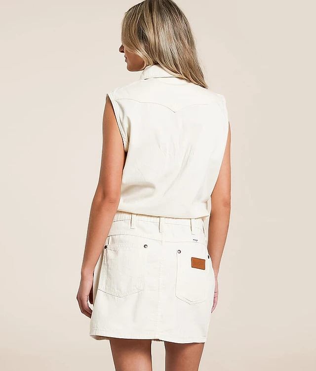 pilcro sleeveless paneled denim fit & flare mini dress self-portrait Denim Sleeveless Flared Mini Dress in Blue