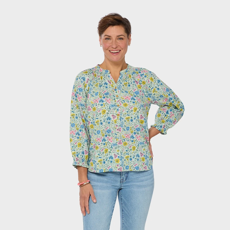 Women's Artisan Hemp 3/4 Sleeve Smocked Blouse