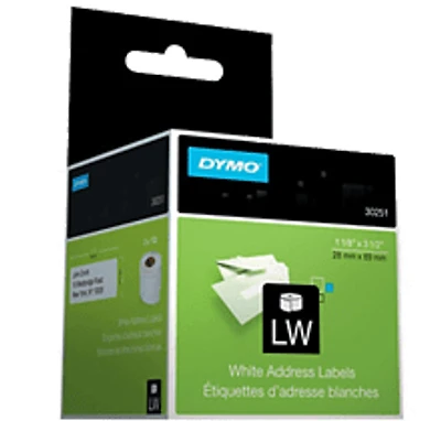 DYMO 30252 350 / Roll Labels Address Label Black on White 1-1/8" x 3-1/2" (28mm x 89mm) - 2 Rolls / Box
