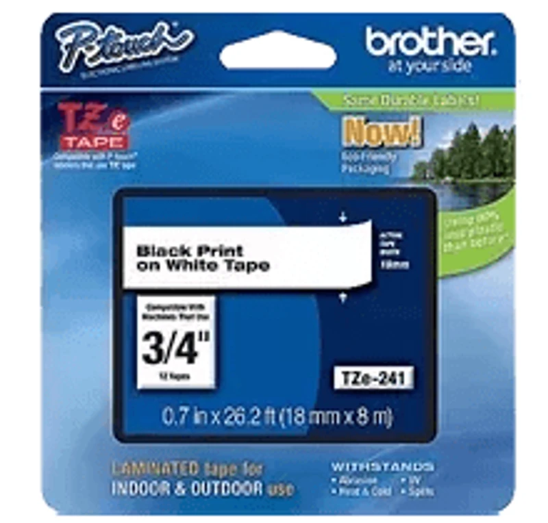 Brand New Original Brother TZE-241 – Black on White Laminated Tape for P-touch Label Makers – 18 mm wide x 8 m long