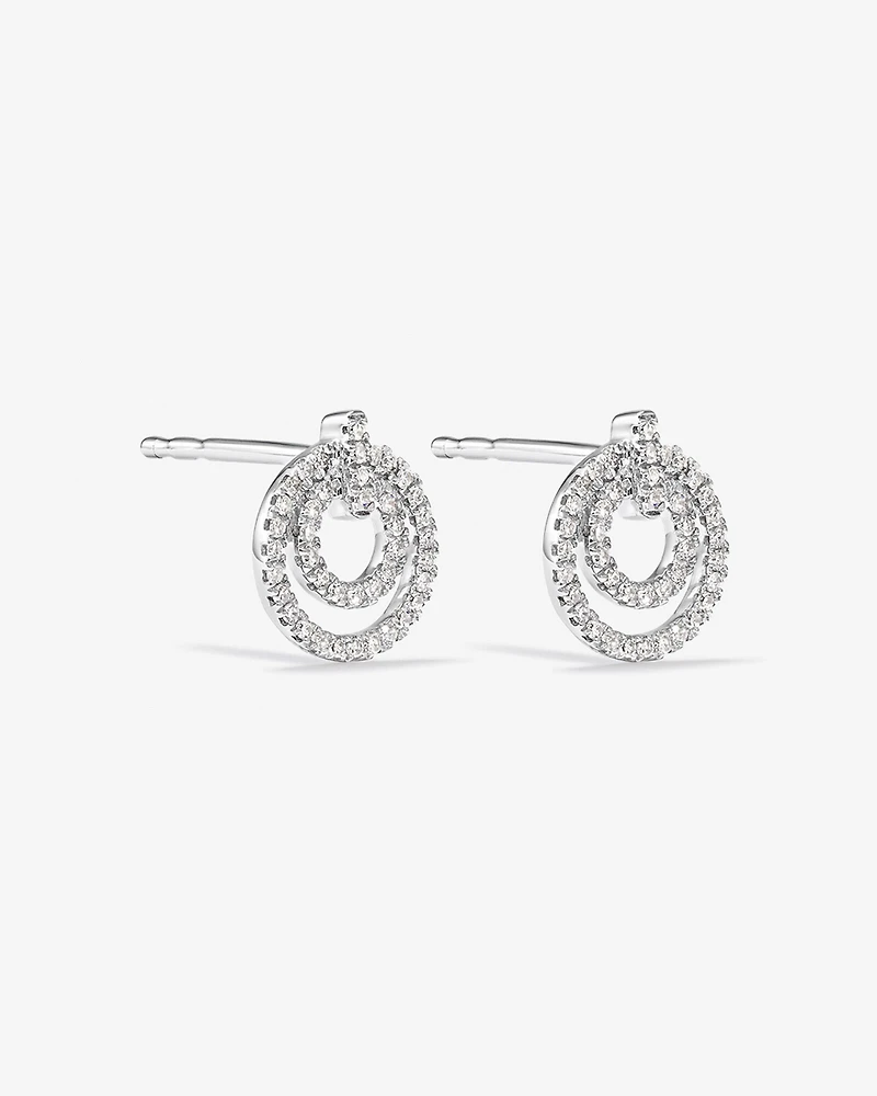 Fine Double Circle Diamond Stud Earrings in Sterling Silver