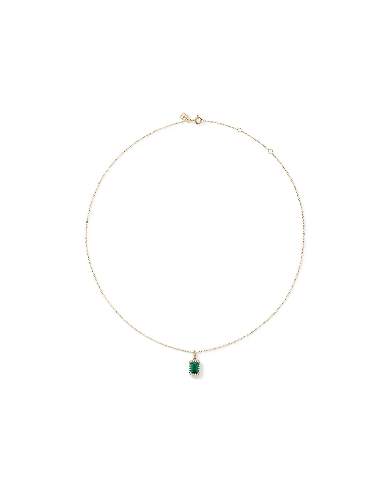 Emerald Cut Green Created Emerald Gemstone and  Diamond Halo Pendant with Chain in 10kt Yellow Gold