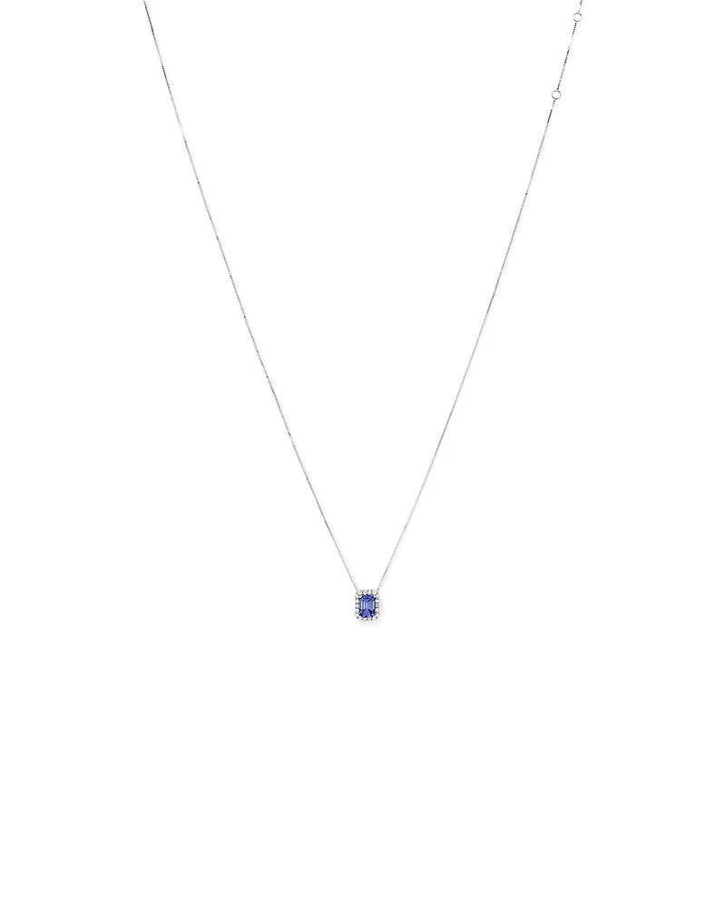 Emerald Cut Blue Tanzanite and 0.17 Carat TW Diamond Halo Pendant in 14kt White Gold