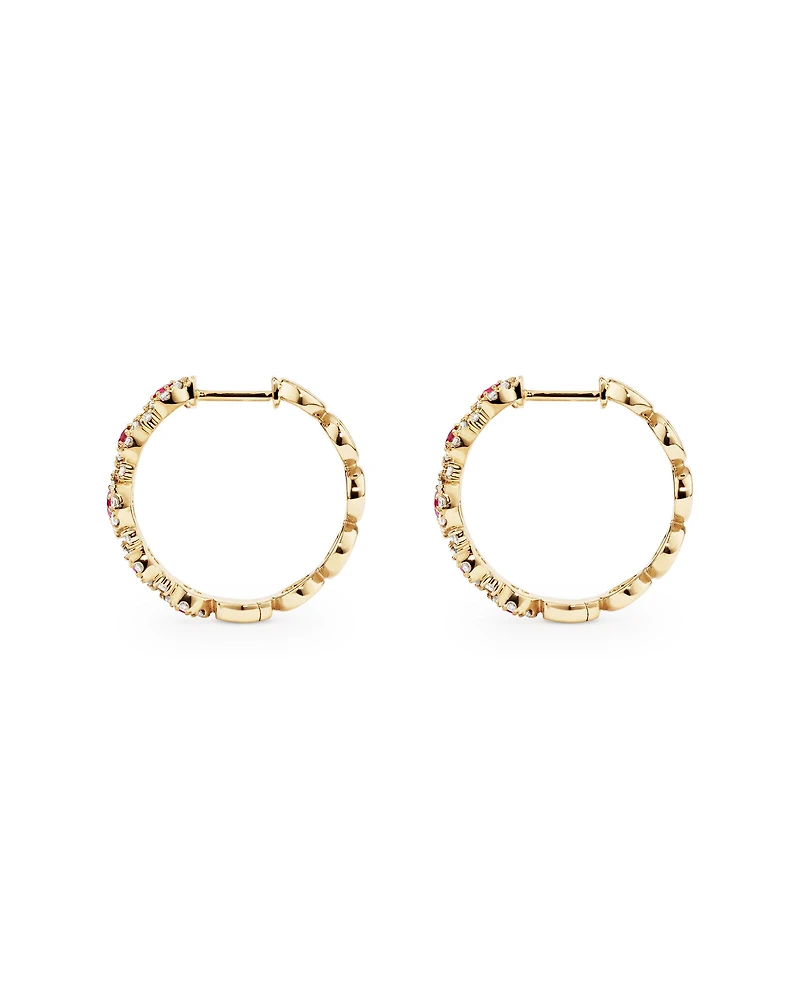 Bubble Huggie Earrings with Ruby and 0.52 Carat TW Diamonds in 14kt Yellow Gold
