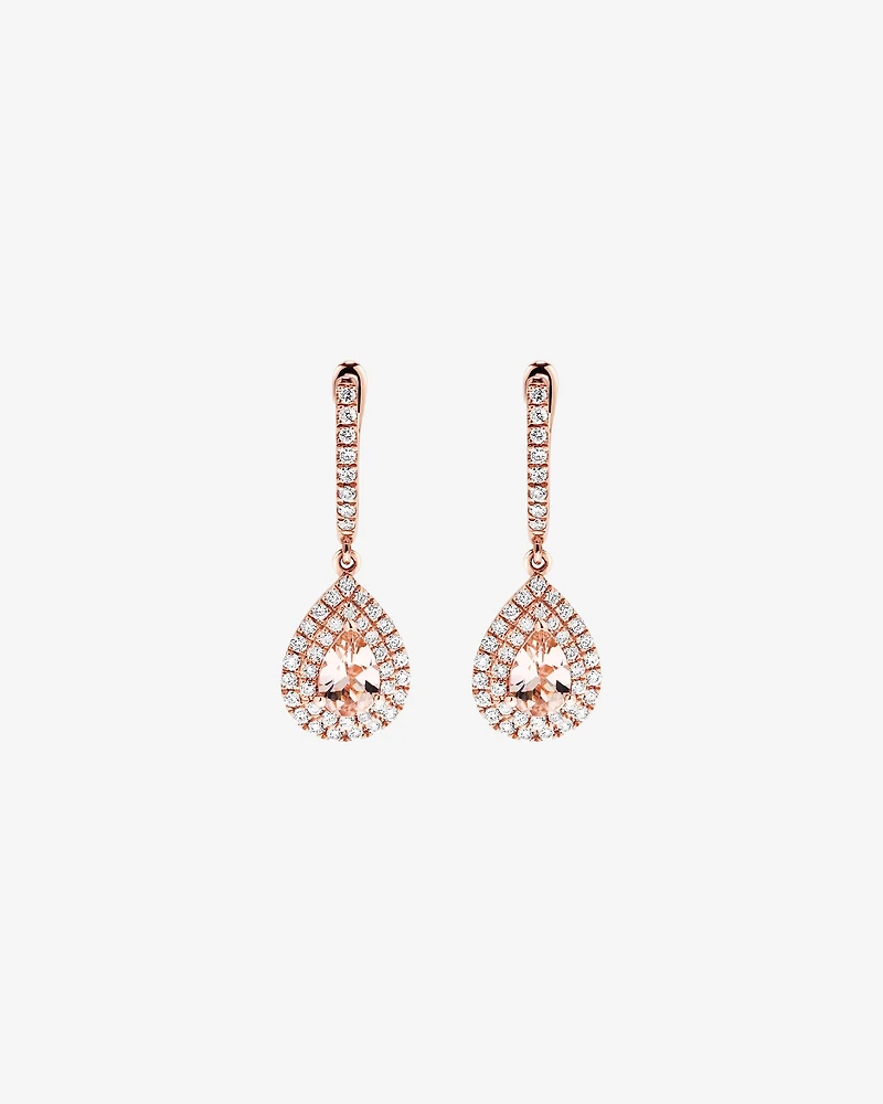 Pear Cut Morganite Gemstone and 0.40 Carat TW Diamond Halo Huggie Drop Earrings in 10kt Rose Gold