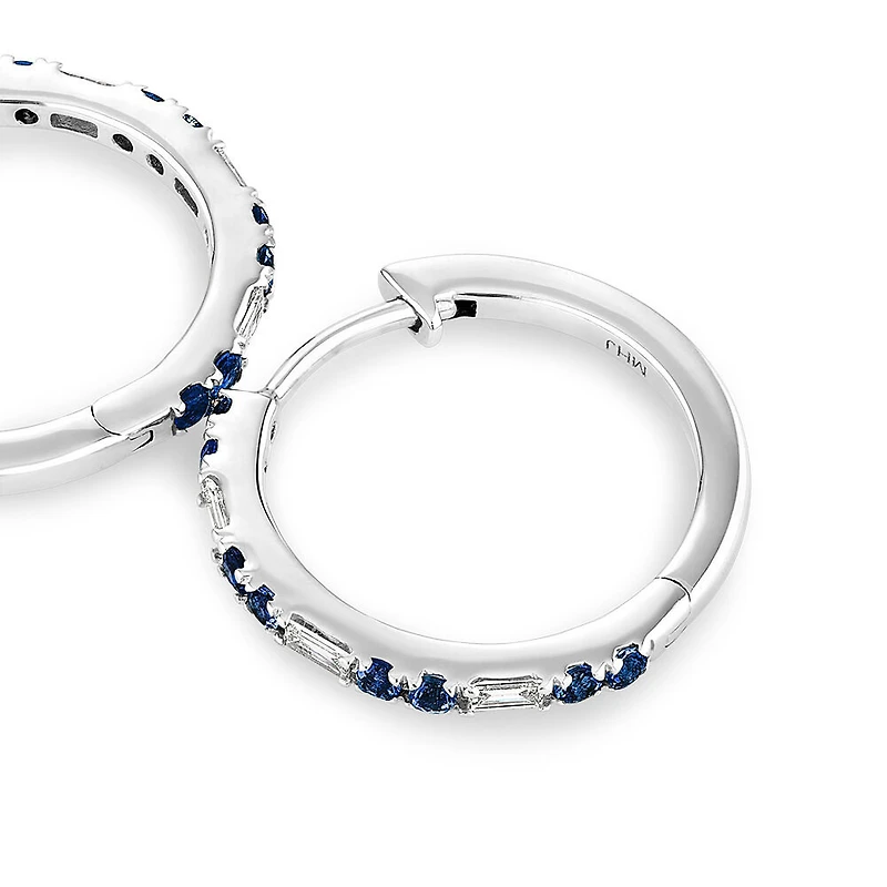 Sapphire & Diamond Dot Dash Hoop Earrings with 0.14 Carat TW in 10kt White Gold