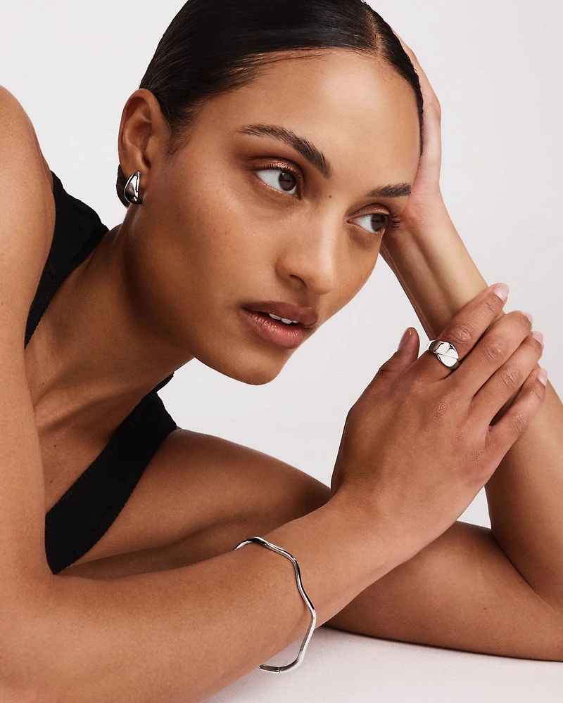 Polished Large Half Hoop Dome Stud Earrings in Sterling Silver