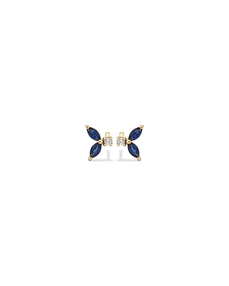 Round Diamond and Marquise Blue Sapphire Gemstone Stud Earrings in 10kt Yellow Gold