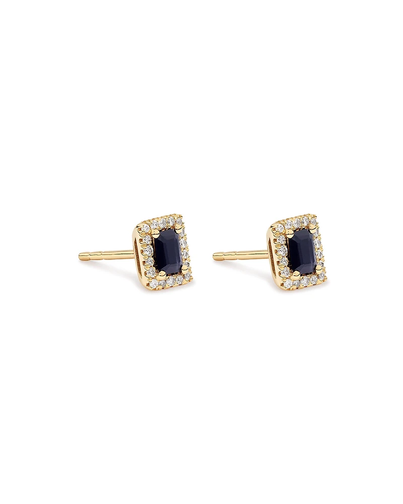 Emerald Cut Blue Sapphire Gemstone and 0.10 Carat TW Diamond Halo Stud Earrings in 10kt Yellow Gold