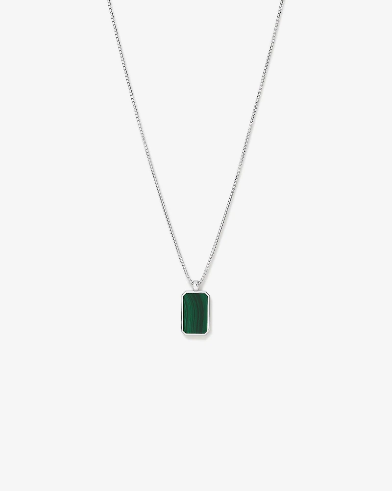 Rectangle Green Malachite Gemstone Pendant Chain Necklace in Sterling Silver