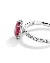 Oval Cut Red Ruby Gemstone and 0.60 Carat TW Diamond Halo Ring in 14kt White Gold