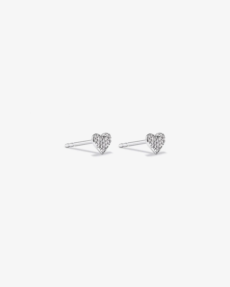 Fine Pave Diamond Heart Stud Earrings in Sterling Silver