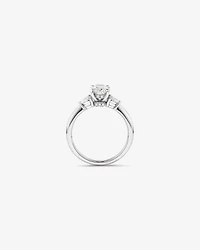 1.10 Carat TW Three Stone Oval and Pear Hidden Halo Engagement Ring in Platinum