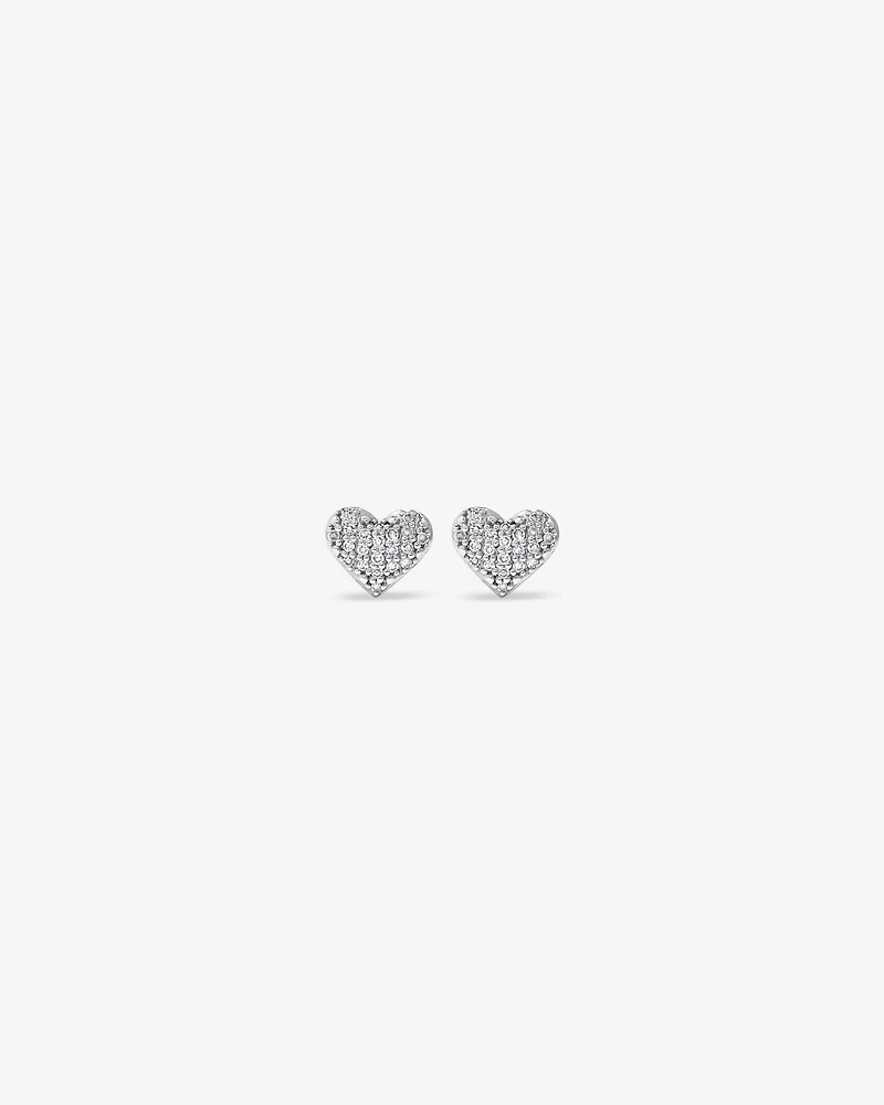 Fine Pave Diamond Heart Stud Earrings in Sterling Silver