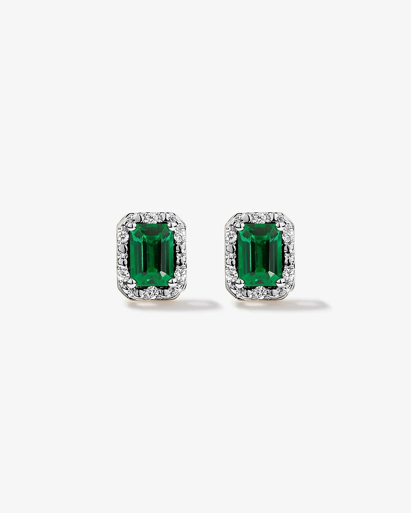 Emerald Cut Green Created Emerald and Lab-Grown Diamond Halo Stud Earrings and Pendant Necklace Set in 10kt Yellow Gold and Rhodium