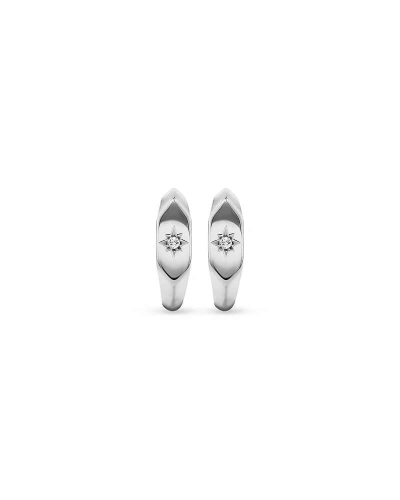 Diamond Star Accent Signet Huggie Hoop Earrings in Sterling Silver