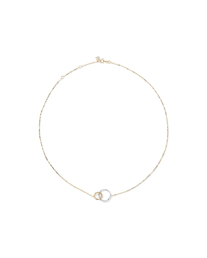 Two-Tone Double Circle Link Hammered Finish Necklace in 10kt White & Yellow Gold