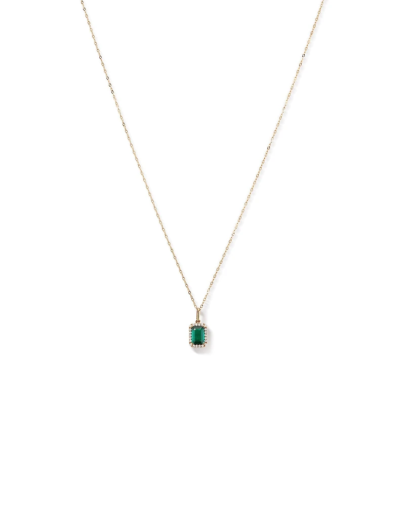 Emerald Cut Green Created Emerald Gemstone and Diamond Halo Pendant with Chain in 10kt Yellow Gold