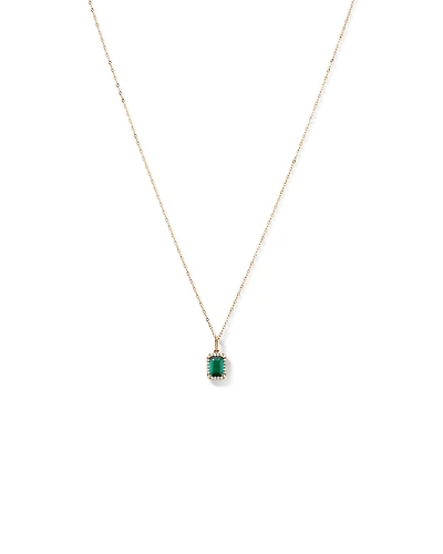 Emerald Cut Green Created Emerald Gemstone and  Diamond Halo Pendant with Chain in 10kt Yellow Gold