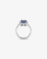 Emerald Cut Blue Tanzanite Gemstone and 0.75 Carat TW Diamond Halo Ring in 14kt White Gold