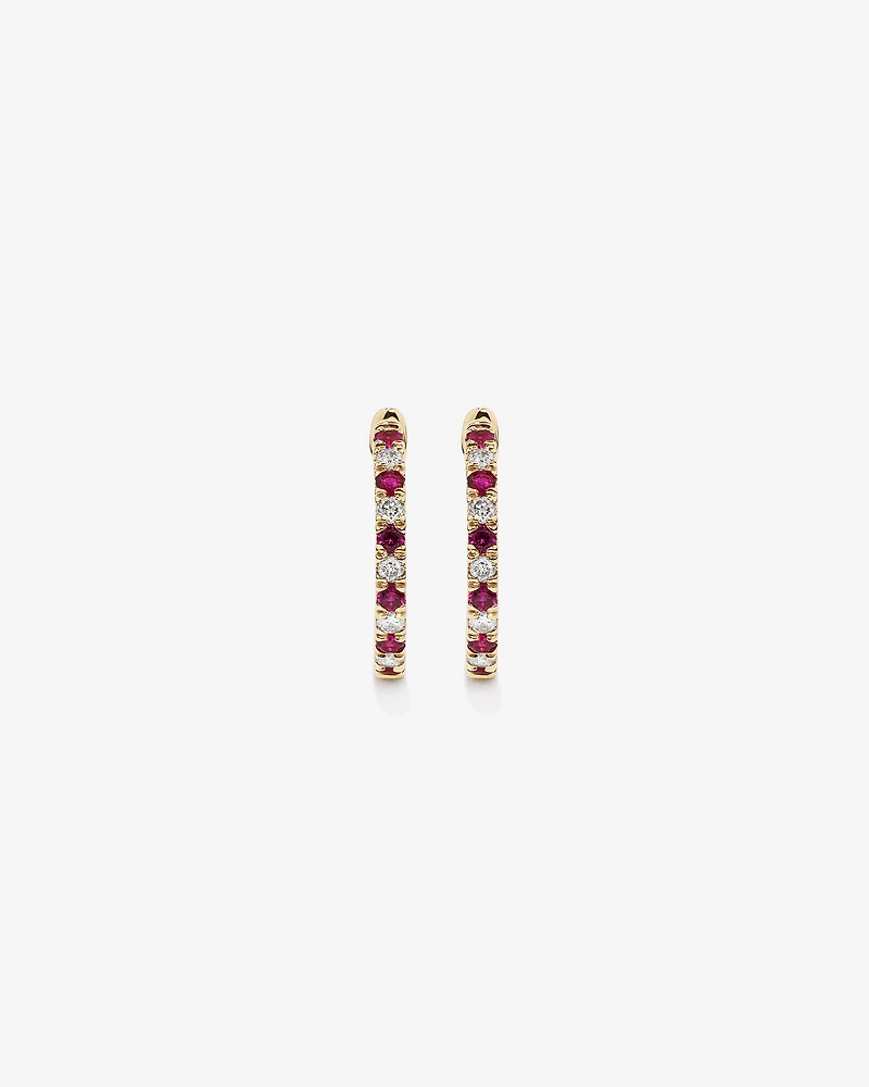 0.22 Carat TW Diamond and Created Ruby Huggie Hoop Earrings in 10kt Yellow Gold