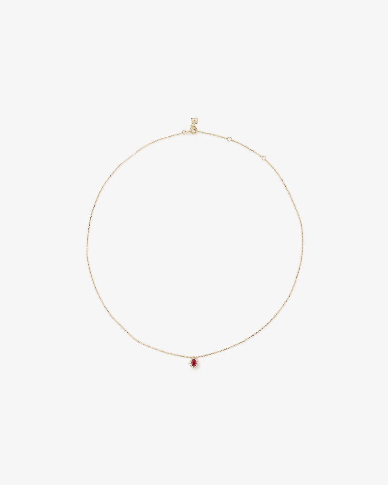 Pear Cut Red Ruby Gemstone and 0.05 Carat TW Diamond Halo Necklace in 10kt Yellow Gold