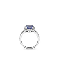 Emerald Cut Blue Tanzanite Gemstone and 0.75 Carat TW Diamond Halo Ring in 14kt White Gold