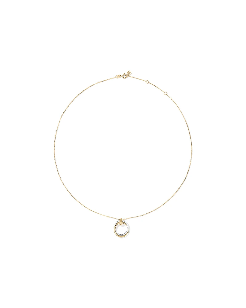 Two-Tone Double Circle Pendant Hammered Finish Necklace in 10kt White and Yellow Gold
