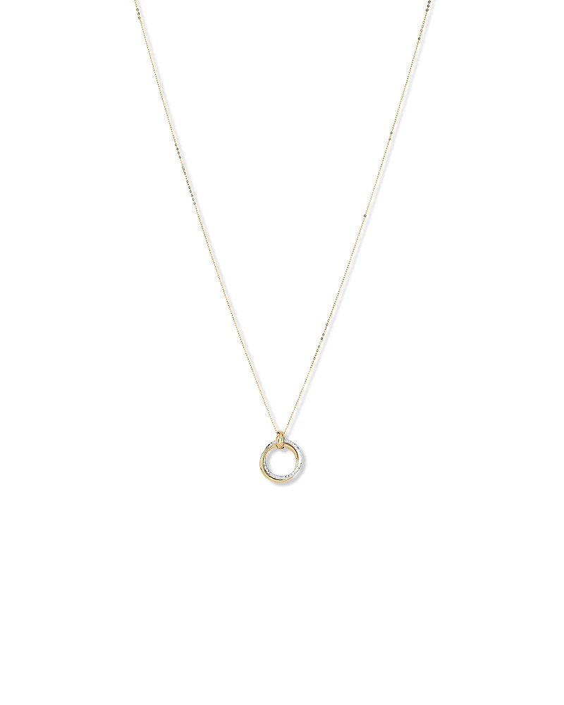 Two-Tone Double Circle Pendant Hammered Finish Necklace in 10kt White and Yellow Gold