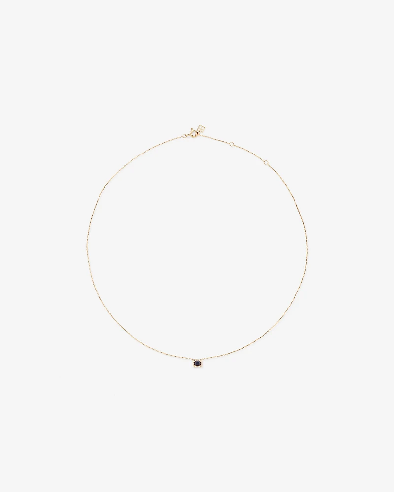 Emerald Cut Blue Sapphire Gemstone and 0.05 Carat TW Diamond Halo Necklace in 10kt Yellow Gold