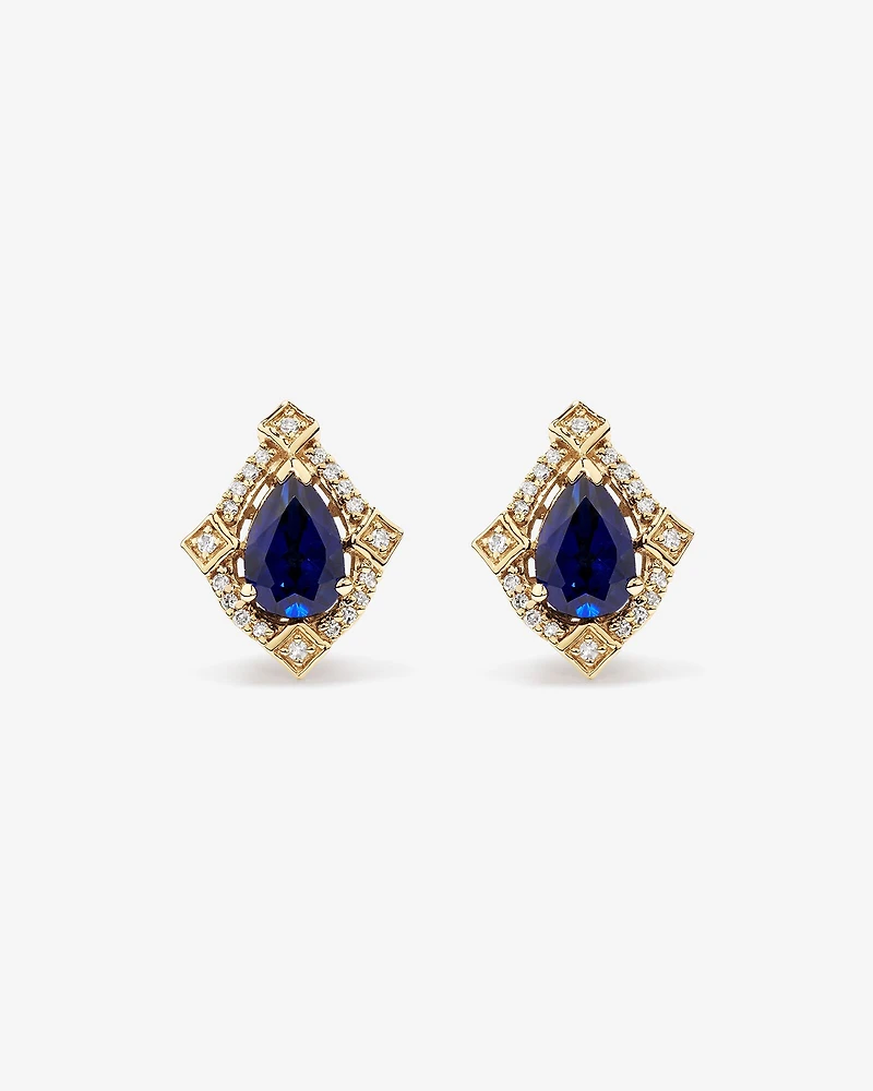 Pear Cut Created Sapphire and Diamond Halo Stud Earrings in 10kt Yellow Gold