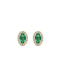 Oval Cut Green Emerald Gemstone and 0.09 Carat TW Diamond Halo Stud Earrings in 10kt Yellow Gold