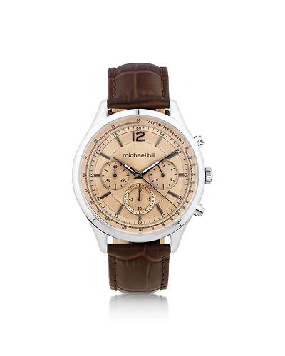 Montre chronographe en acier inoxydable et en cuir brun pour homme