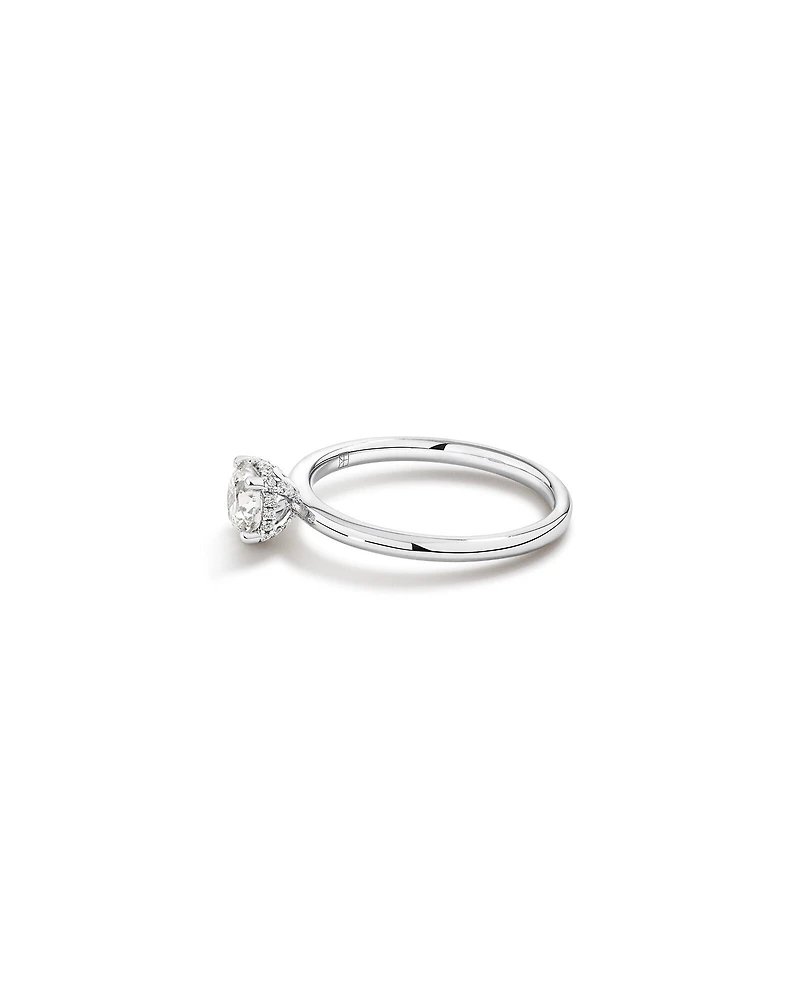0.68 Carat TW Round Brilliant Diamond Solitaire Hidden Pave Halo Engagement Ring in Platinum