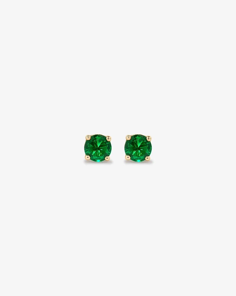 Round Green Created Emerald Birthstone Stud Earrings in 10kt Yellow Gold