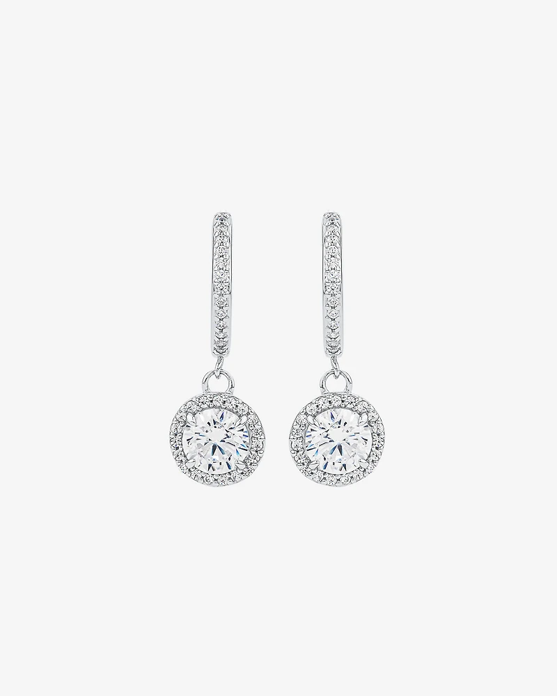 Round Brilliant Cubic Zirconia Halo Drop Hoop Earrings in Sterling Silver