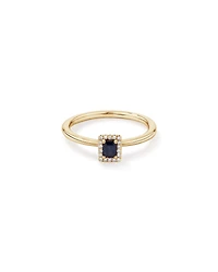 Emerald Cut Blue Sapphire Gemstone and 0.09 Carat TW Diamond Halo Ring in 10kt Yellow Gold
