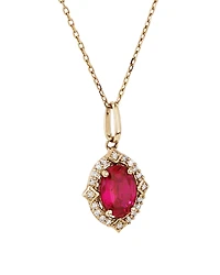 Oval Cut Created Ruby and Diamond Halo Pendant Necklace in 10kt Yellow Gold