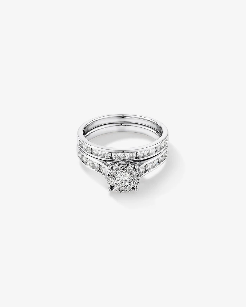 1,00 Carat Poids Total Ensemble Bague De Fiançailles En Diamant Rond Et Bande De Mariage Sertie En Canal, En Or Blanc 14 Ct